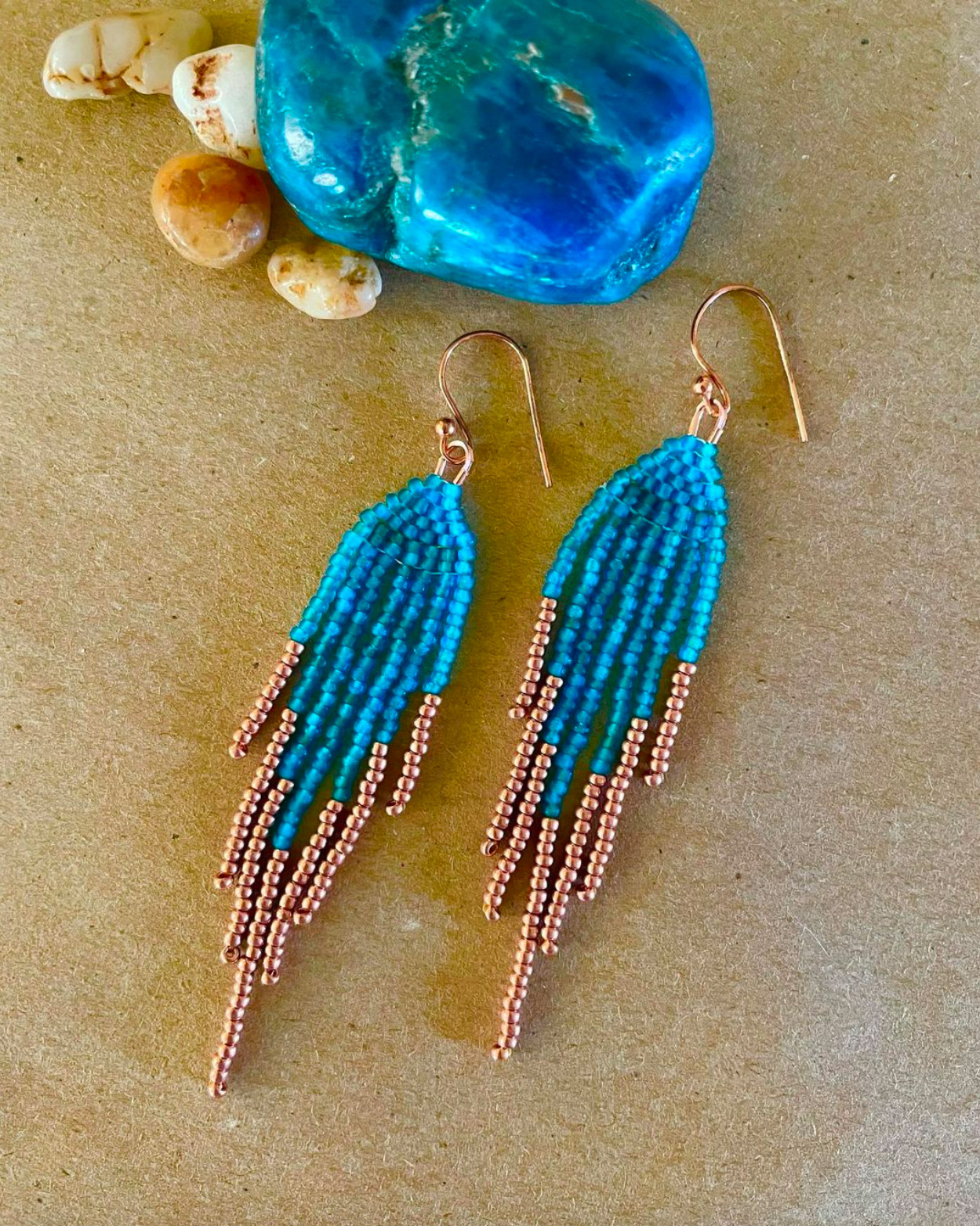 Long Fringe Beaded Earrings in Copper and Aqua