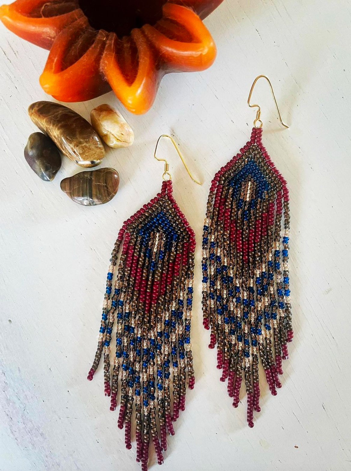 Long Bead Fringe Earrings in Red Blue and Gold