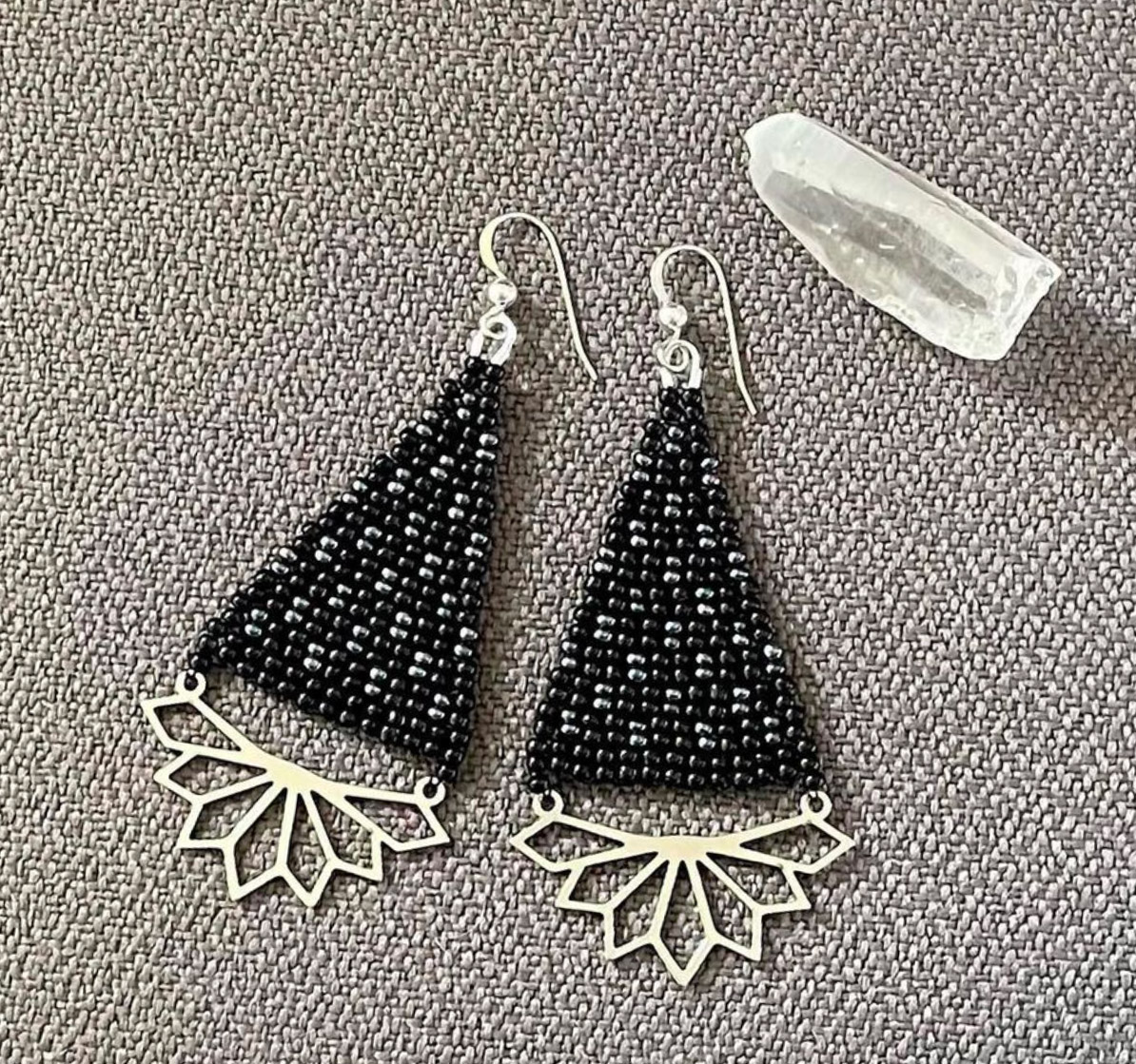 Black and White Silver Lotus Beaded Earrings