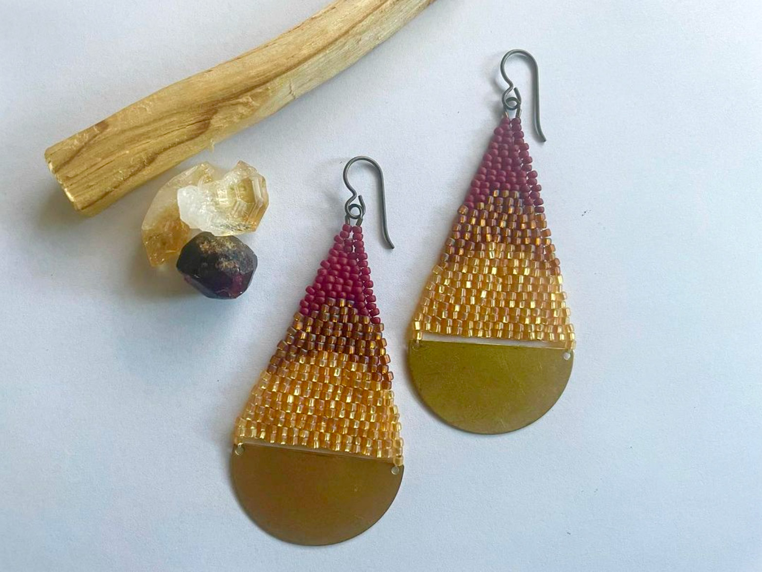 Teardrop Shaped Beaded Earrings in Gold and Warm Colors